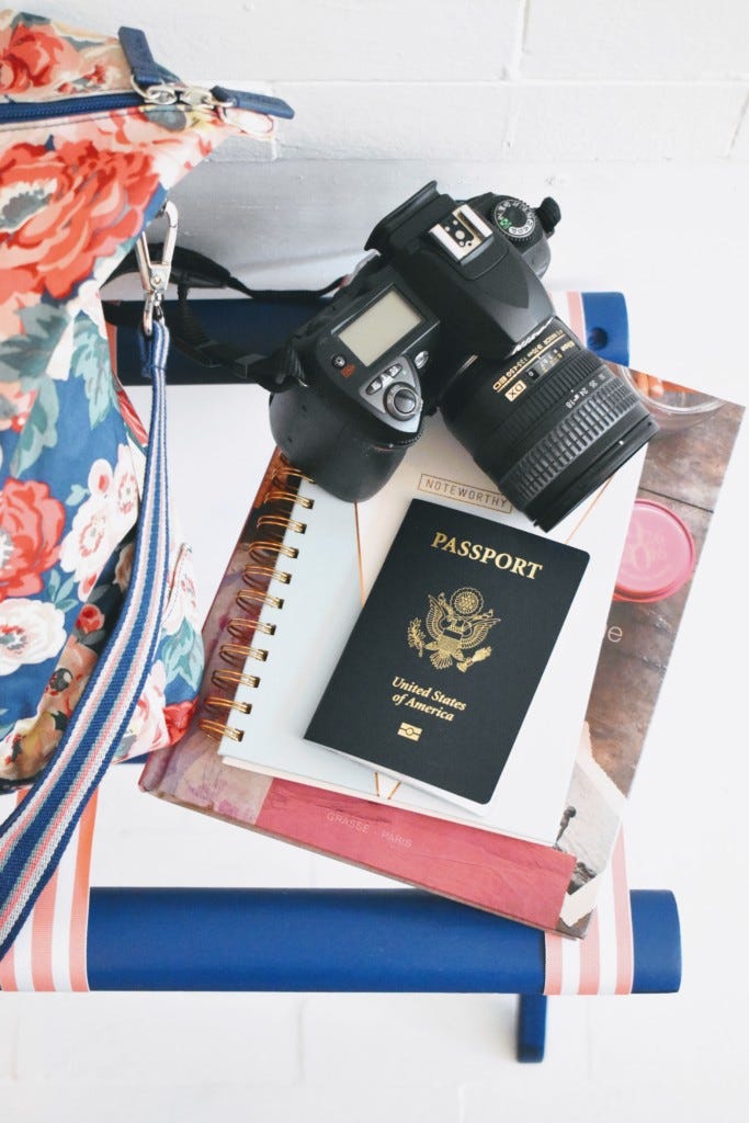 camera, passport, and journal sitting on top of the luggage rack