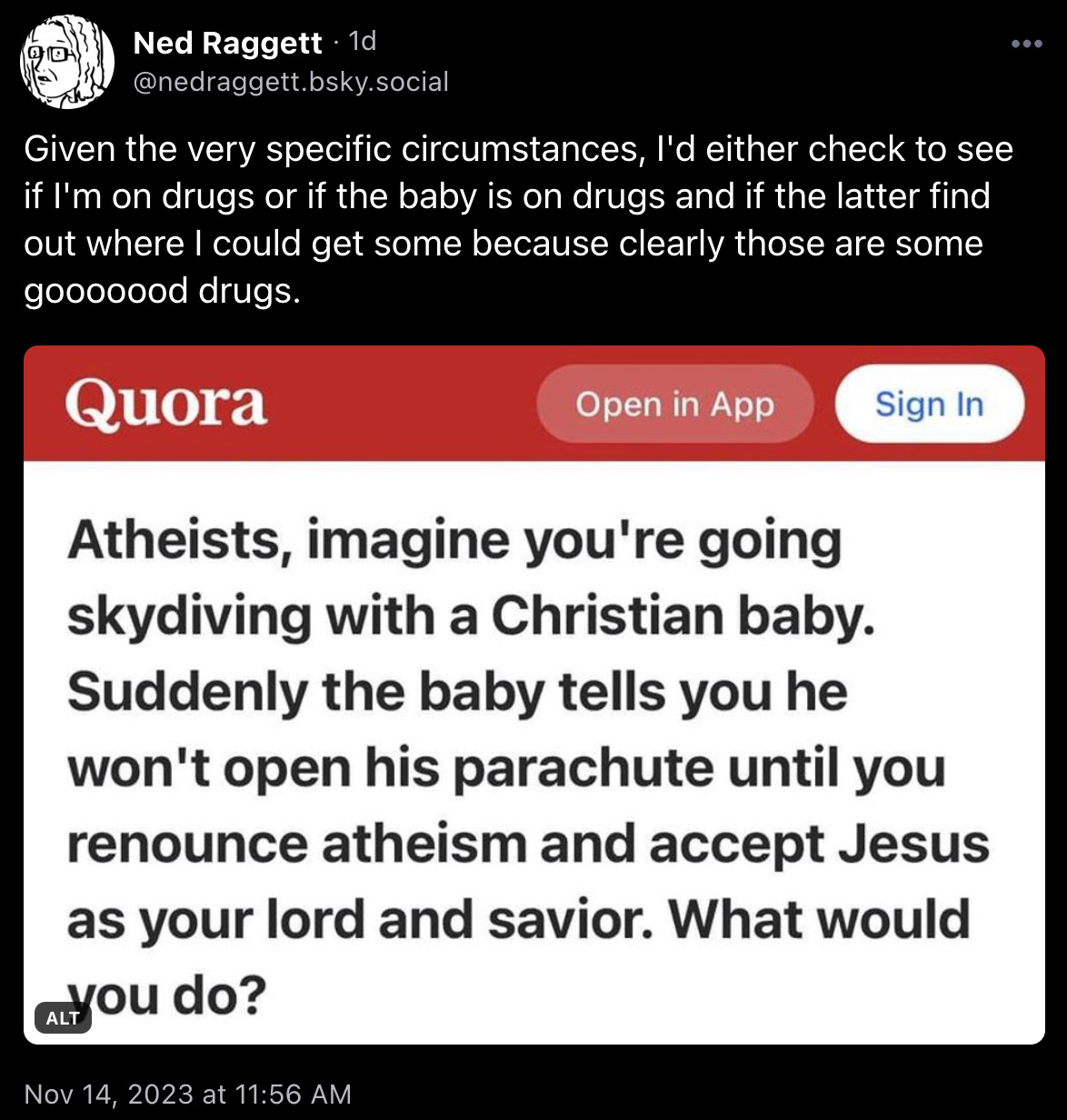 Ned Raggett skeeted “Given the very specific circumstances, I'd either check to see if I'm on drugs or if the baby is on drugs and if the latter find out where I could get some because clearly those are some gooooood drugs.” above a screenshot of a Quora question which reads: "Atheists, imagine you're going skydiving with a Christian baby. Suddenly the baby tells you he won't open his parachute until you renounced atheism and accept Jesus as your lord and savior. What would you do?"