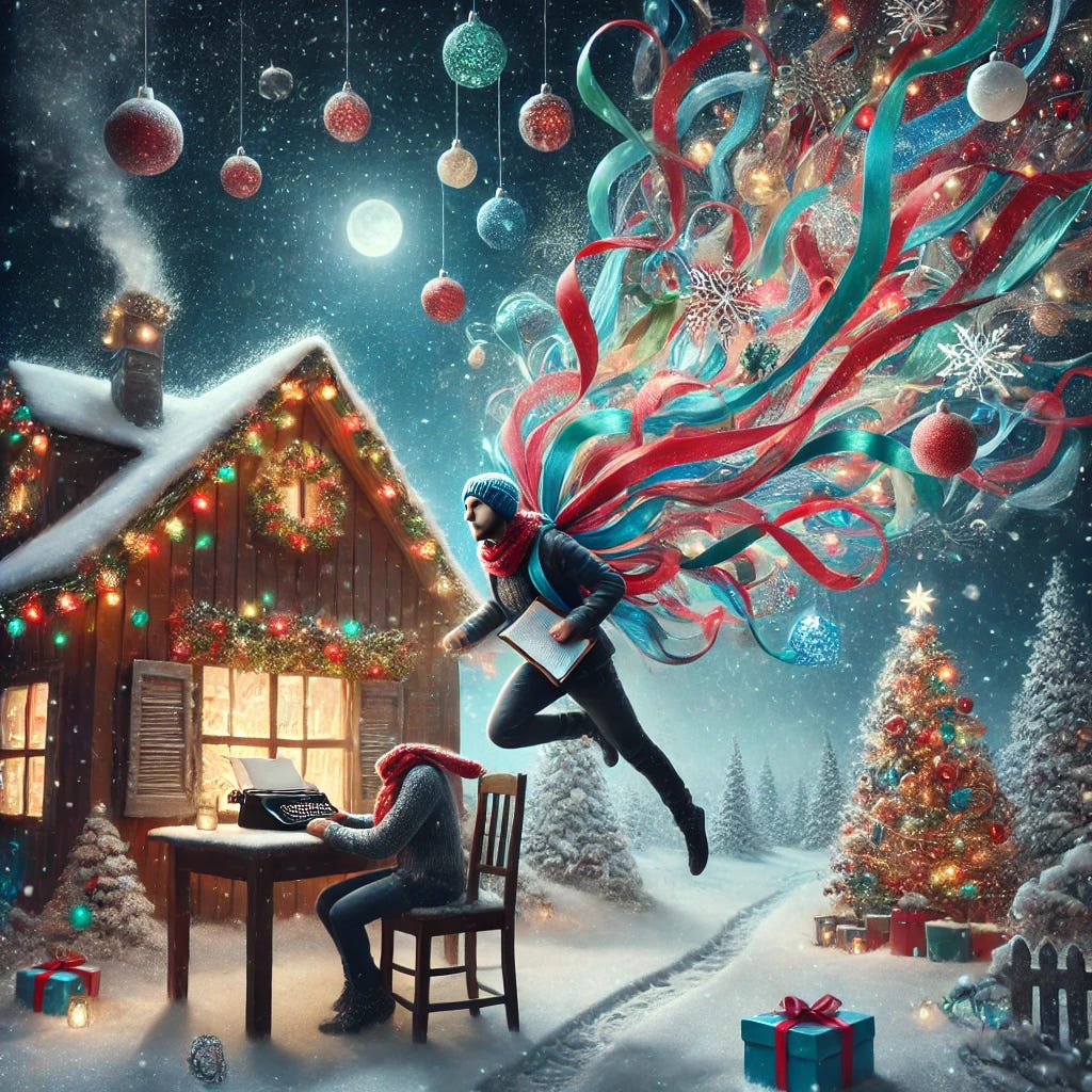 A Chat GPT illustration of an outdoor Christmas scene: a man with no head typing outside on a desk in the snow, and another man descending from the sky in a swirl of ribbons and Christmas ornaments, carrying a notebook. Other Christmas ornaments suspend from the night sky, hanging over snow covered trees and a house with Christmas lights.