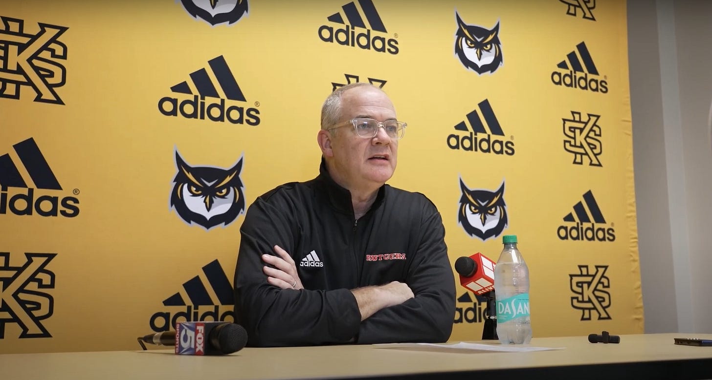 Rutgers coach Steve Pikiell speaks to reporters after a loss at Kennesaw State on Nov. 24, 2024. (Video screenshot via Rutgers Athletics)