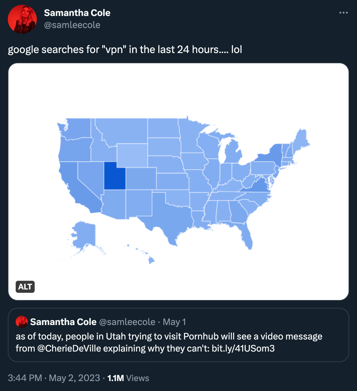 Samantha Cole tweets: “google searches for "vpn" in the last 24 hours.... lol,” above an image of the US with only Utah colored in dark blue. Below is a quote tweet of Cole’s earlier tweet: “as of today, people in Utah trying to visit Pornhub will see a video message from @CherieDeVille explaining why they can't”
