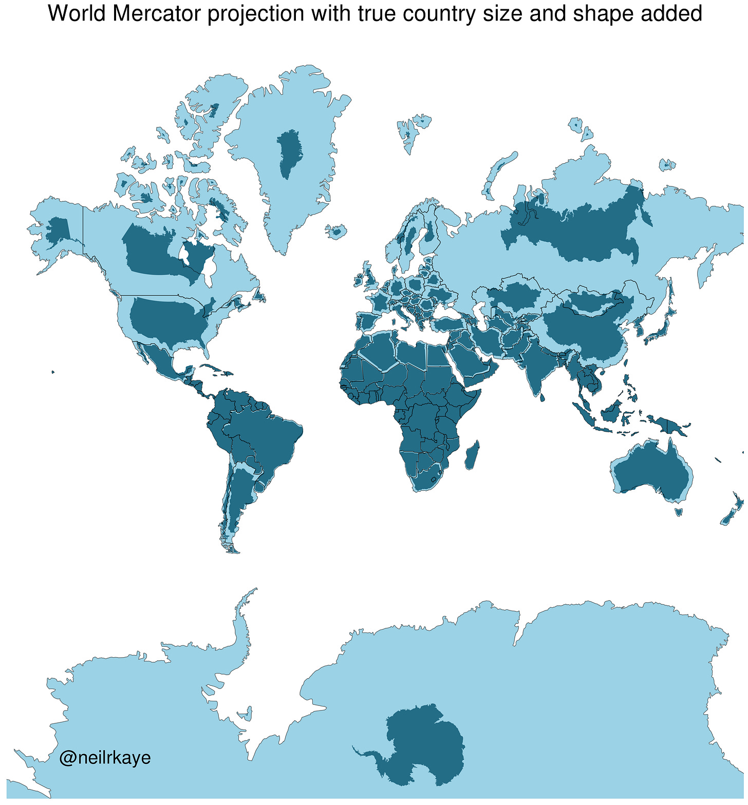 World Mercator map projection with true country size and shape added [OC] :  r/dataisbeautiful