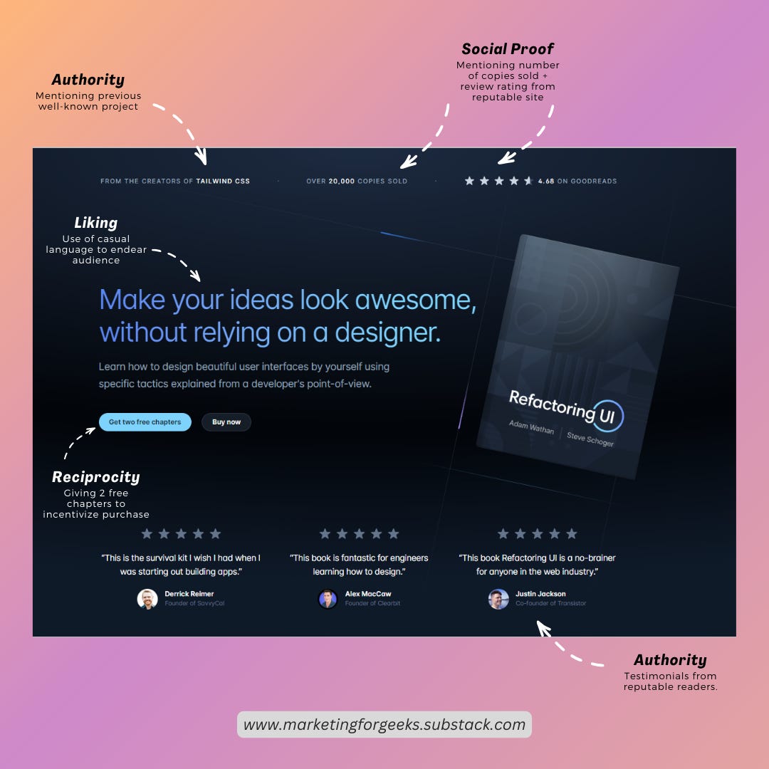A breakdown of Refactoring UI's landing page showing how they use different principles of persuasion, including authority, social proof, and reciprocity