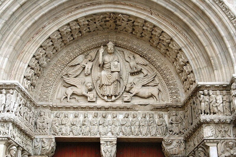 Tympan et frise du portail de l'église Saint-Trophime à Arles (XII° siècle) Auteur : Robert Valette. Le christ en central est entouré de l’ange (le verseau), du taureau, du Lion et de l’aigle (ancienne représentation du scorpion) -Les quatres signes fixes entourent le fils.