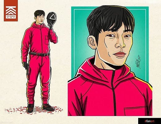 Drawing of a man in red jumpsuit holding a black mask. Portrait on right with teal background. Bold lines and shadows. Tag: #fanart. Drawing of a man in red jumpsuit holding a black mask. Portrait on right with teal background. Bold lines and shadows. Tag: #fanart.