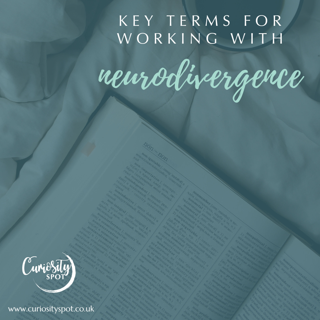 A dictionary lies oen on a bed. Text at the top reads 'Key terms for working with Neurodivergence'