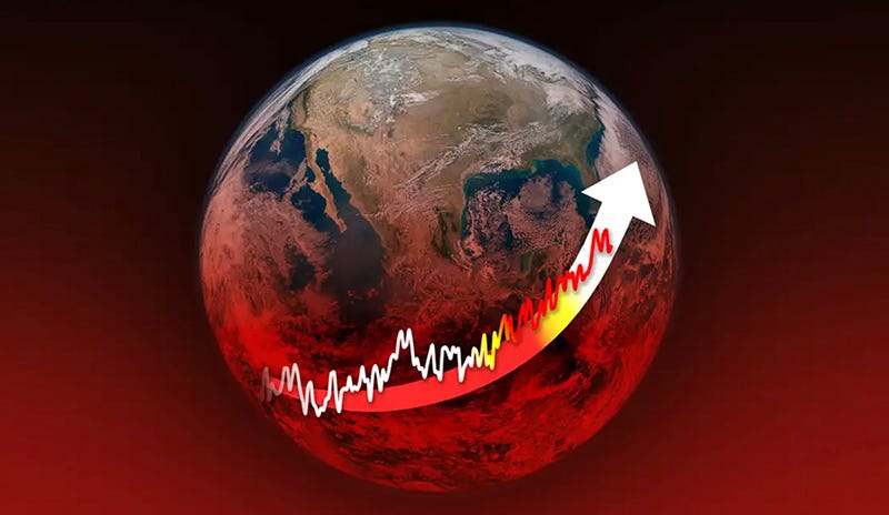 Image of the earth, with an upward red arrow and a graph showing hotter temperatures