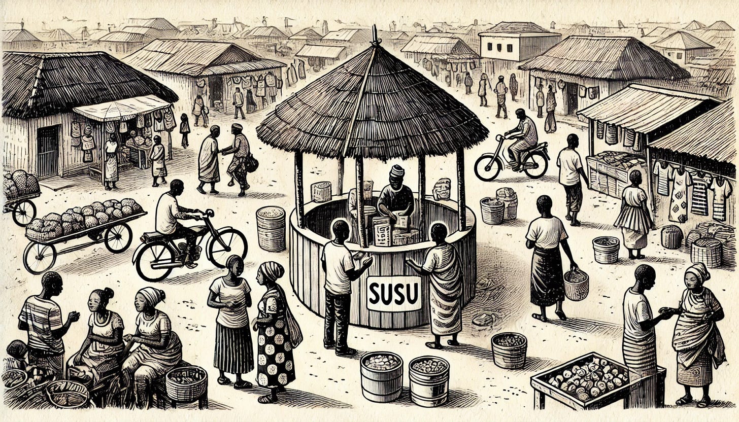 A black and white drawing of a bustling marketplace scene in an African village, focusing on a susu stall, in the same rustic, hand-drawn style as previous illustrations, but with more modern clothing. The scene includes a lively market with people of various ages shopping, talking, and interacting, wearing contemporary attire like jeans, t-shirts, and casual dresses. The susu stall is central, with a person collecting contributions from community members, representing the rotating savings system. Include stalls with diverse goods such as food, fabrics, and small electronics. The style is simple, hand-drawn with basic line work and no shading, on slightly textured, off-white paper, reflecting a dynamic and modern communal spirit.