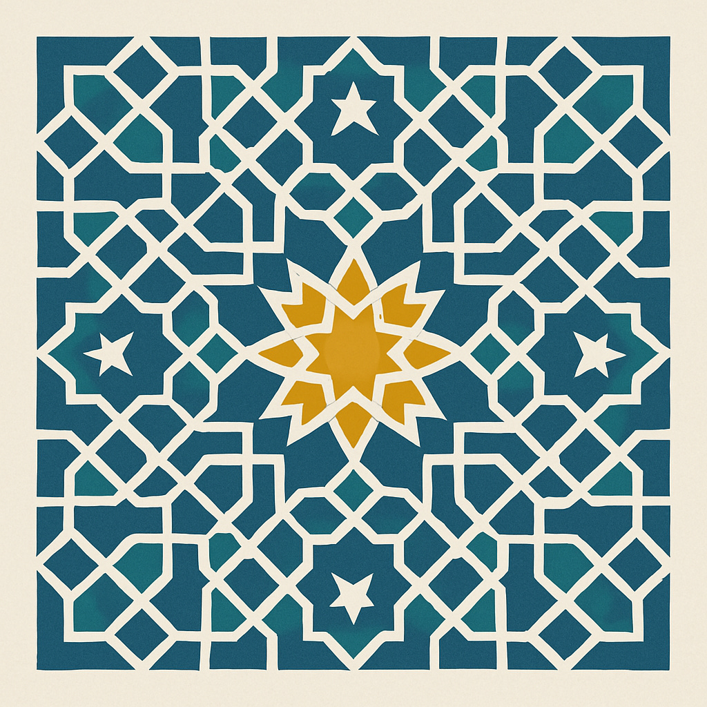 A symmetrical geometric pattern inspired by traditional Islamic art, featuring interlocking shapes and star motifs. The design is primarily composed of teal-blue and white lines forming a complex lattice, with small white stars repeating throughout the pattern. At the center is a prominent golden-yellow eight-pointed star, standing out against the surrounding teal background. The pattern is enclosed within a square border on a light beige background. 