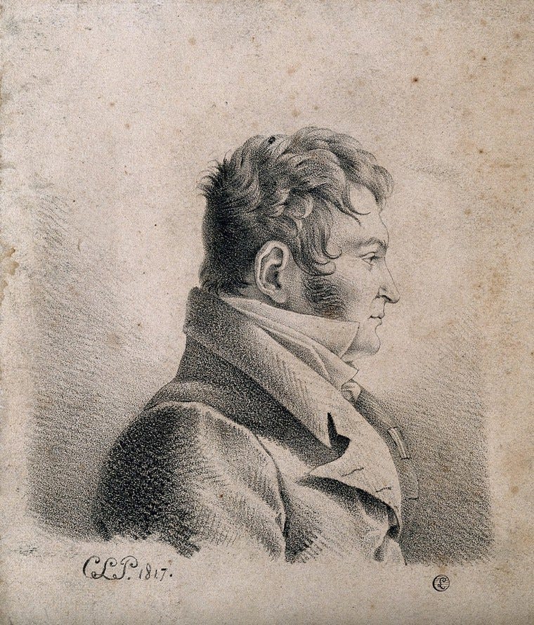 A monochrome print of the profile of a man in his forties, looking to the right. He is wearing early 19th-century clothing.