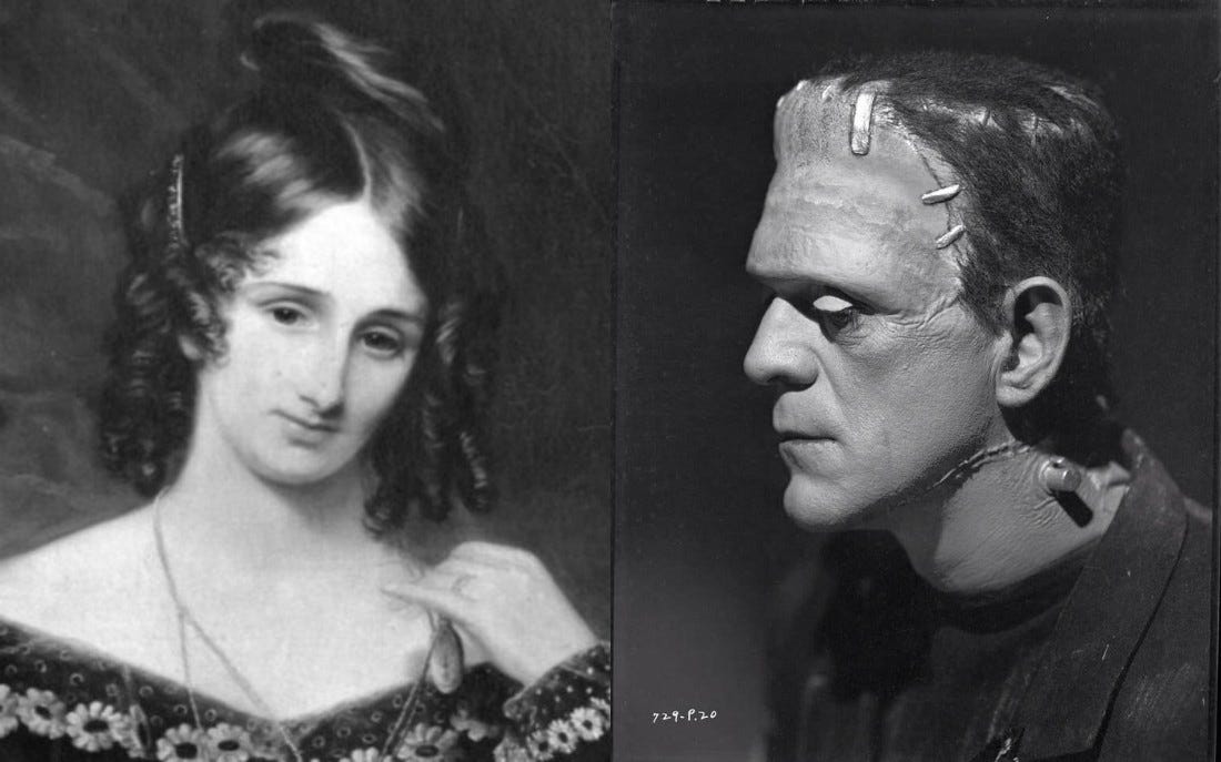 On the left Mary Shelley, looking pensively to the right; on the right Frankenstein, looking pensively to the left