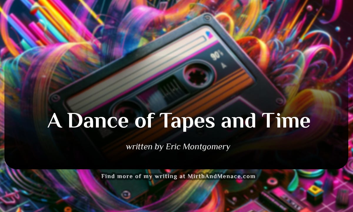 An AI generated image that artistically represents the essence of the 1980s and the experience of cassette tapes in that era. Used for a cover art on the poem, "A Dance of Tapes and Time" written by Eric Montgomery on MirthAndMenace.com