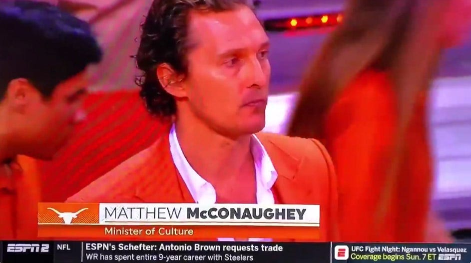 Minister Of Culture' Matthew McConaughey Was Back On The Texas Bench, And  In The Team Huddle - BroBible