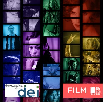 Film promo card showing "Barrington dei" and "Film" in text in the foreground. In the background are several stills from movies, in a rainbow of colors and arranged like set of side by side film strips