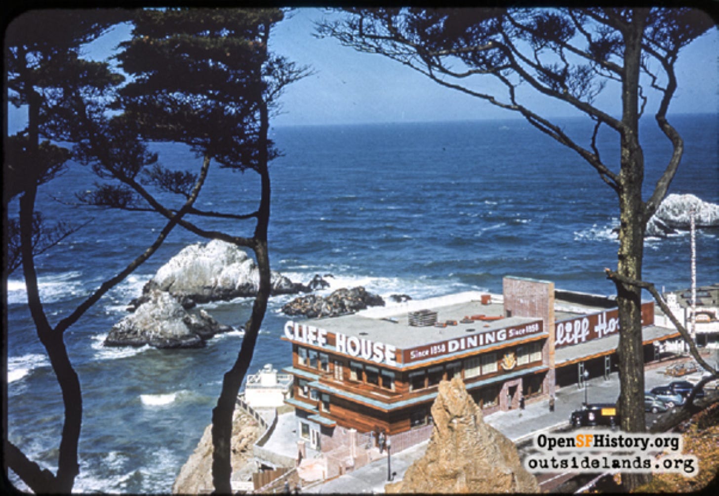 The Cliff House on the rocks above the Pacific Ocean, just yards from the rocks on which seals sun themselves