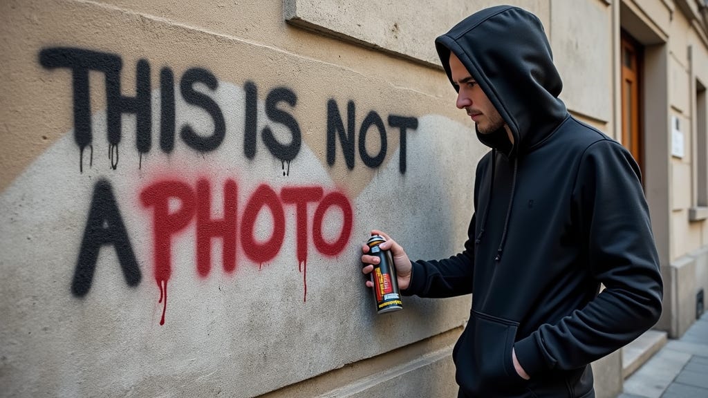 AI-generated image of a man in a black hoodie holding a spray can next to old stone wall with graffitied text which reads "This is not a photo". Generated using FLUX.1