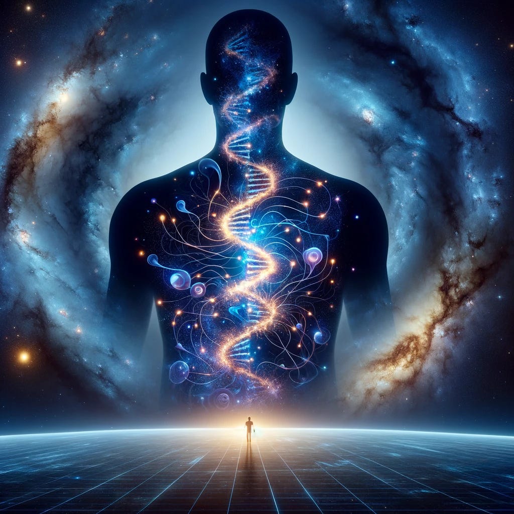 A conceptual 1x1 image depicting a human silhouette as the central figure, contrasting the cosmos and the inner cosmos. The area outside the human silhouette represents the vast cosmos, filled with stars, galaxies, and nebulae, rendered in deep blues and purples. Inside the human silhouette, the scene transitions to the inner cosmos, showing an intricate display of DNA strands and swirling atoms, represented with glowing lines and particles. This image visually expresses the connection between the macrocosm of the universe and the microcosm within the human body.
