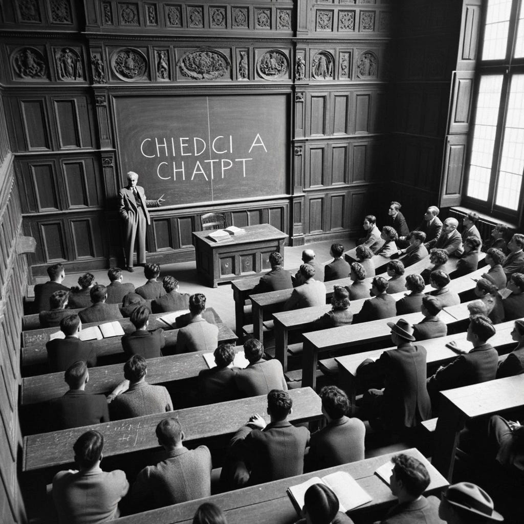 Photo: Karl Popper stands beside a traditional blackboard in an old Italian university classroom. The walls are adorned with vintage wooden panels, and the room is filled with wooden benches occupied by a mix of male and female students of diverse descent, intently listening. On the blackboard, in chalky white letters, is the phrase 'Chiedi a ChatGPT'.