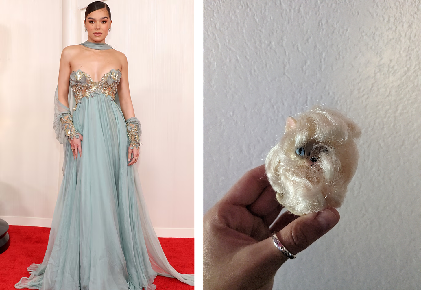 Left: Hailee Steinfeld in a muted mint green gown with metallic accents and a cool cape-like thing draped from her neck to her wrists. Right: An unidentified creature covered in blond hair.