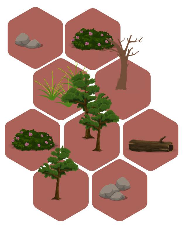 a grid of brown hexagons, each of which has a natural feature (rocks, fallen logs, trees, shrubs, dead trees, and grasses), indicating a range of different successional states in the landscape