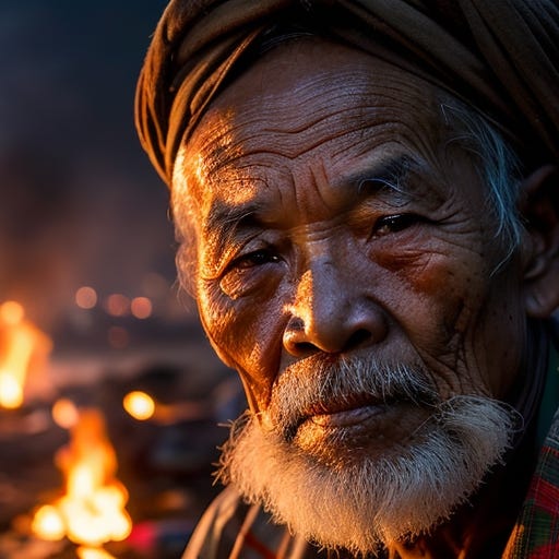 A close-up of a Vietnamese old man's face, illuminated by the light of a fire, with a backdrop of a dirty river and a shanty town.