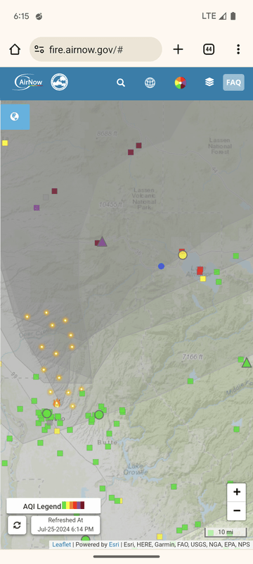 Screenshot of the map from fire.airnow.gov showing the large fire southwest of Lassen with a huge plume of smoke covering the park