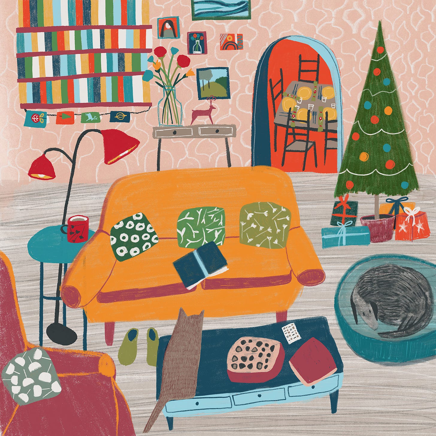 Room illustration: Christmas living room, including sofa, Christmas tree, coffee table, books, wall art, arm chair