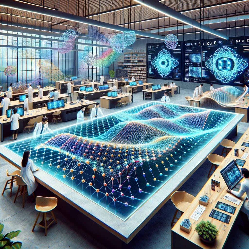 A bright, open lab where scientists and engineers gather around a large transparent touch-screen table, showing detailed 3D models of twisted bilayer graphene. The models glow with vibrant colors, highlighting individual atoms and electronic bands. Interactive holographic displays provide data analysis, blending natural light and greenery to create an environment ripe for quantum material discoveries.