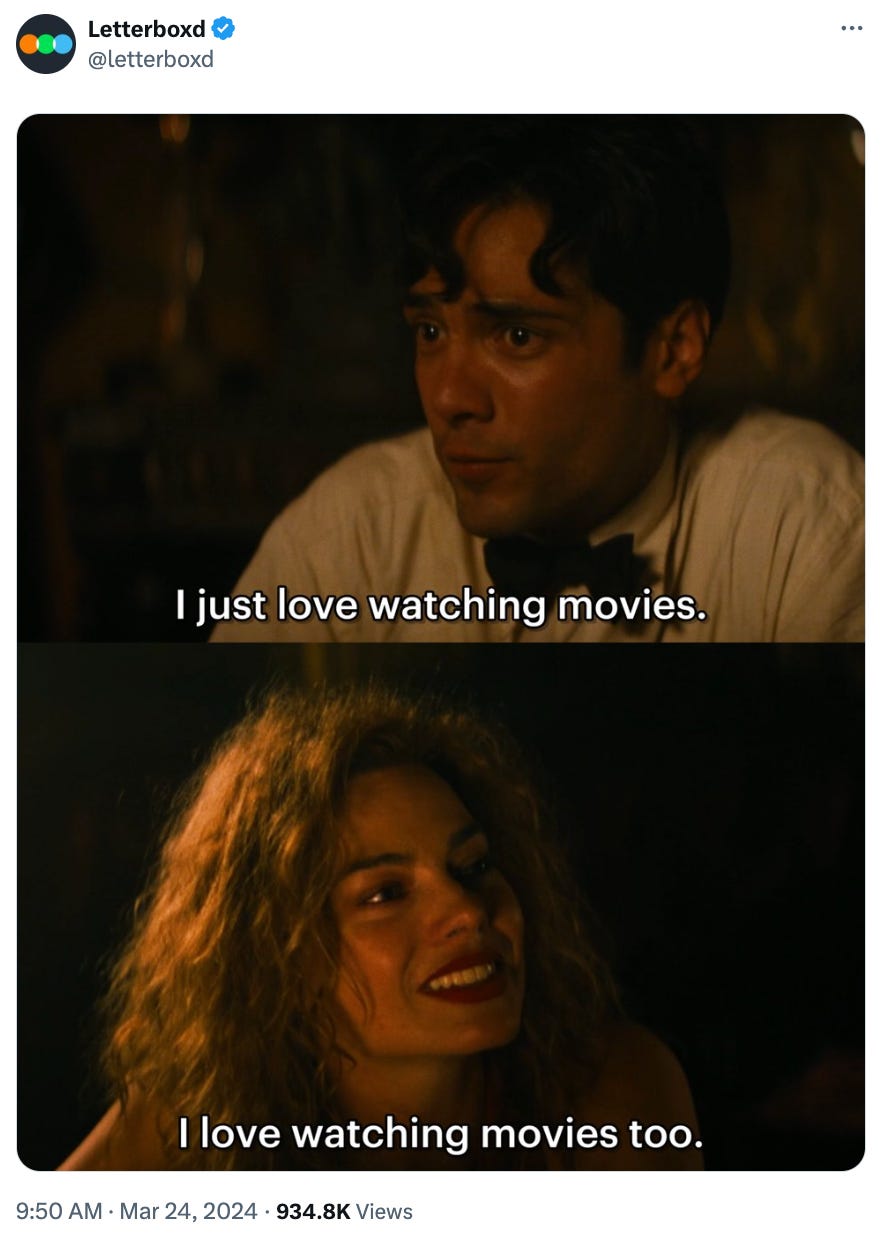 Screenshot from the movie Babylon. It says "I just love watching movies" with a reply of "I love watching movies too."