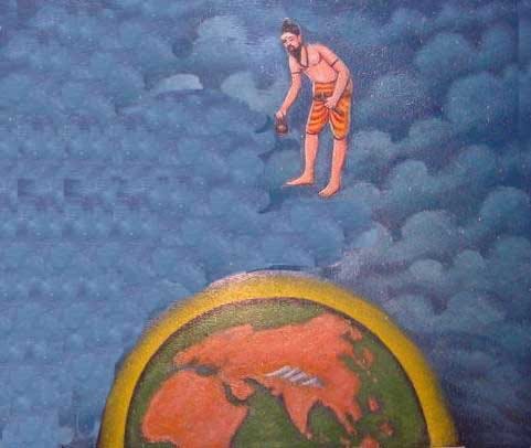 Bhogar, traversing the sky, observes faraway places like Arabia, Rome, and China.