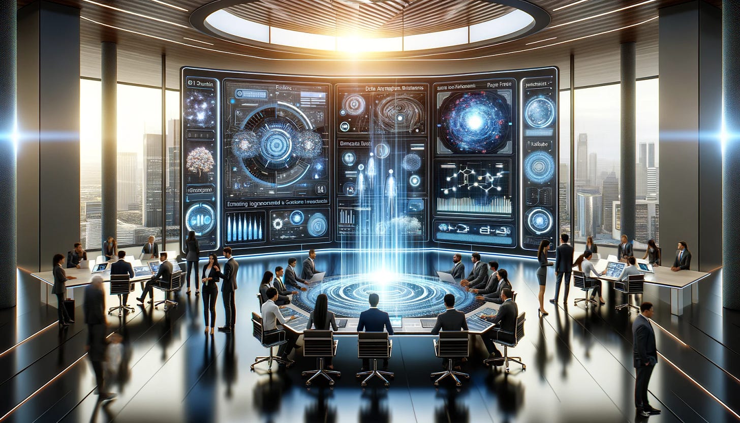 A futuristic office environment showcasing a diverse team of professionals collaborating around a large digital interface displaying data visualizations and AI-generated insights. The interface shows multiple data streams integrating into cohesive insights, with holographic displays and touch-sensitive surfaces. The backdrop features a sleek, modern design with advanced technological elements, reflecting a high-tech, innovative atmosphere. The team appears engaged and focused, representing various industries benefiting from the generative AI aggregation platform, WisdomNext™.