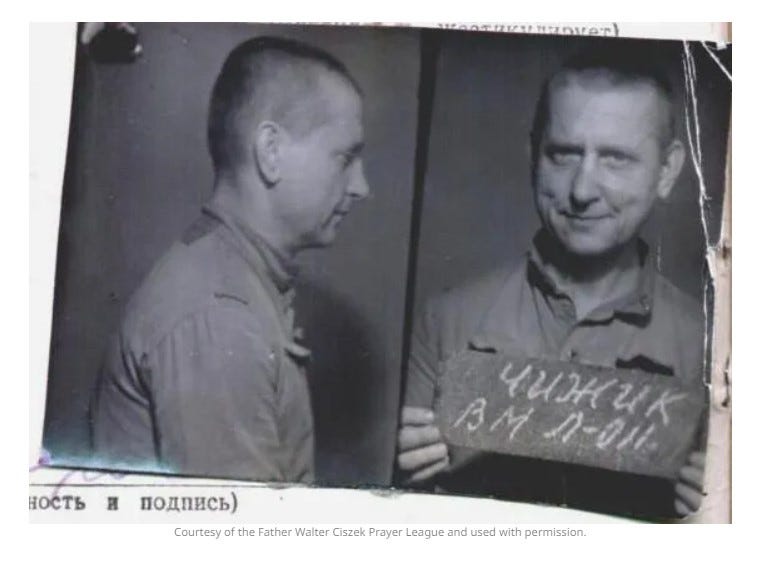 Tattered black and white photo showing profile and front face of middle-aged man in prison uniform