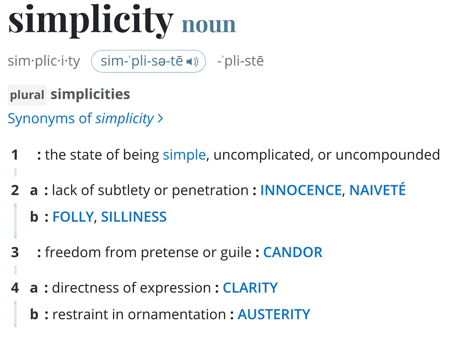 Dictionary entry for the word simplicity