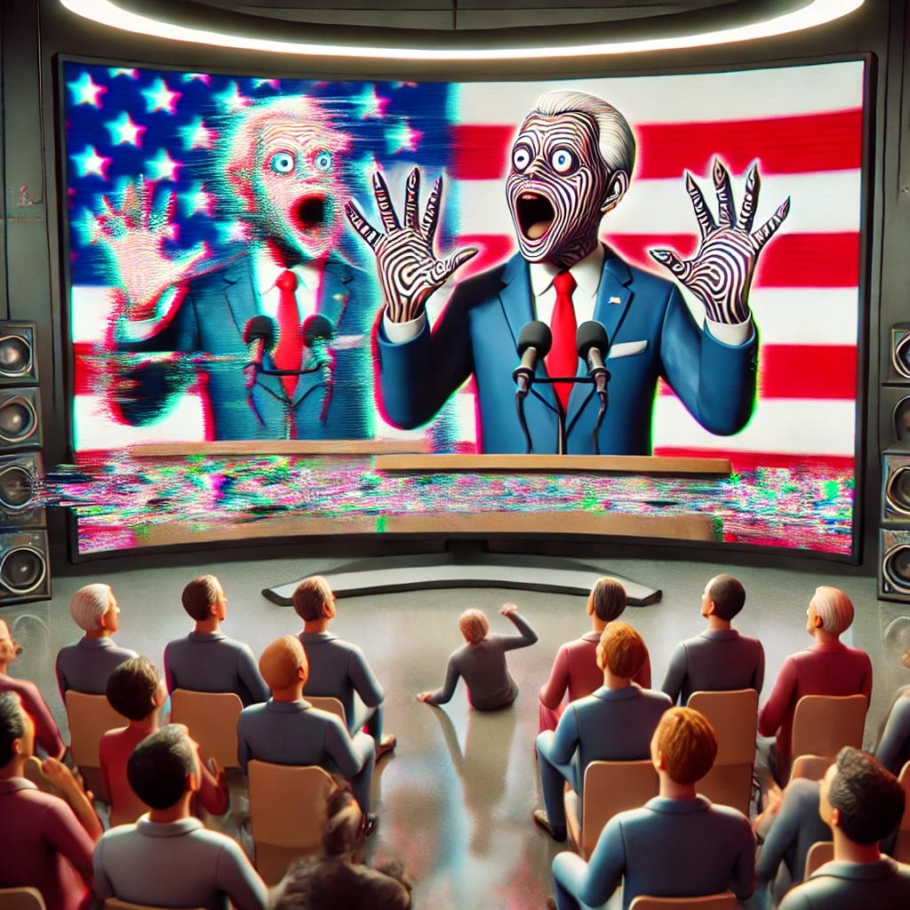 A television scene showing a political speech that is clearly a parody made using AI. The politician on the screen has exaggerated features and comically over-the-top gestures, like wide, cartoonish hand movements and facial expressions that look almost robotic or unnatural. The background of the speech includes glitchy effects, like digital artifacts or distortions, indicating AI manipulation. The audience, seen in reflection or shadows, appears confused or amused. The setting should be reminiscent of a typical political broadcast but with humorous, surreal elements that make it clear it's an AI-generated parody.