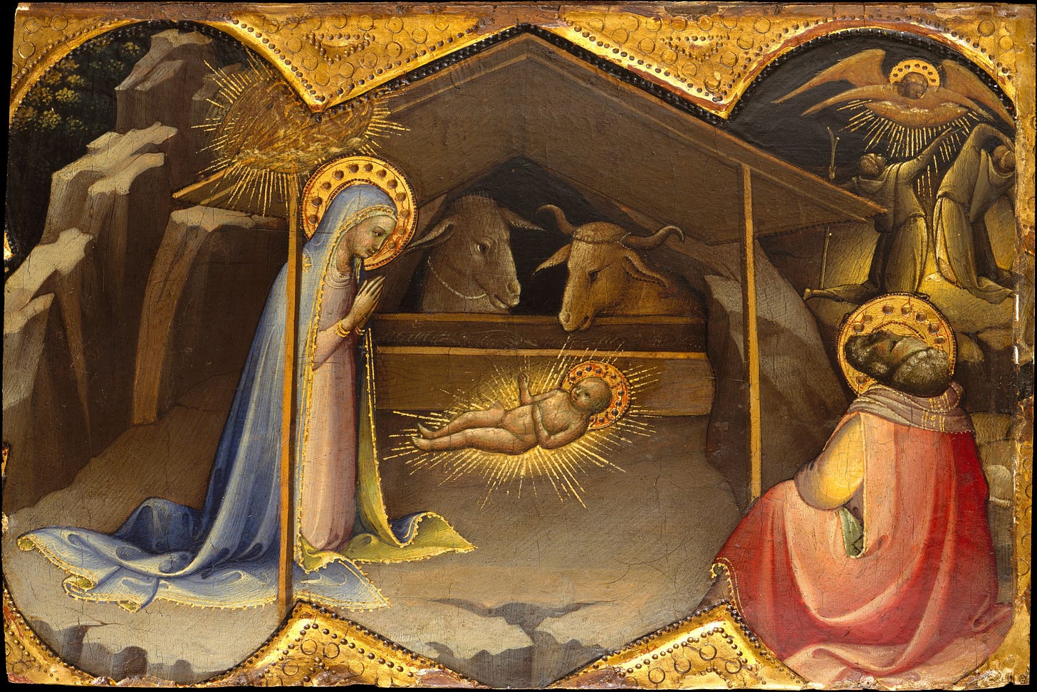 Lorenzo Monaco's The Nativity, showing Mary and Joseph before a floating, shimmering Baby Christ.