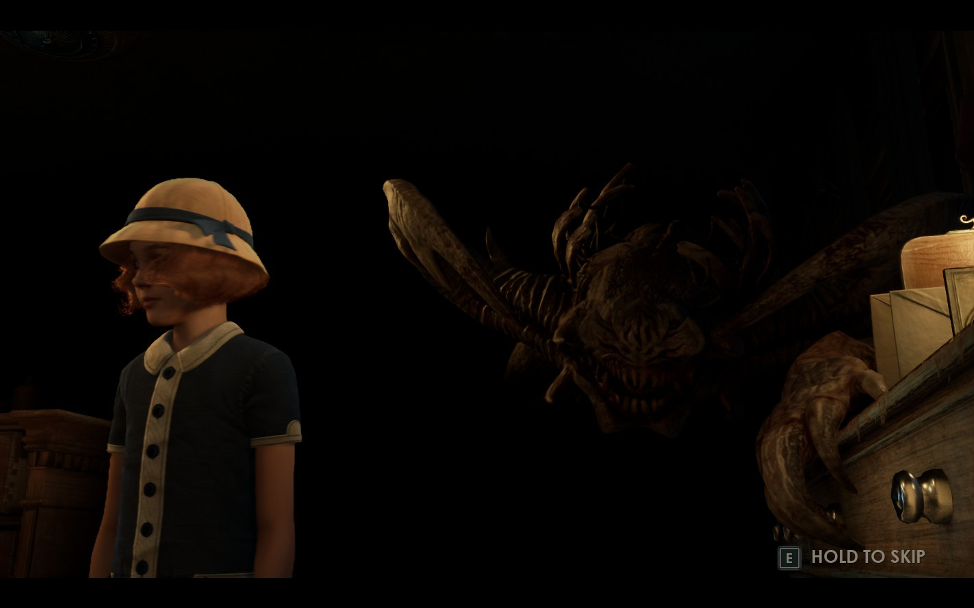 A screenshot of the game Alone in the Dark (2024 reboot) showing a large monster coming out of the darkness behind a girl on the left.