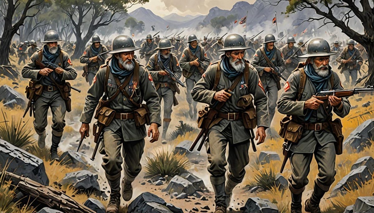 platoon of grey-bearded soldiers advance platoon of grey-bearded soldiers advance