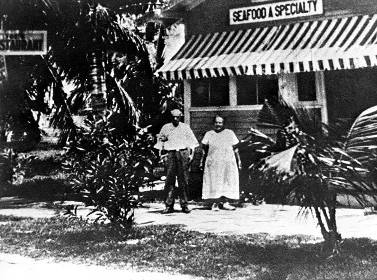 Figure 2: Joe and Jennie Weiss standing in front of the original cottage of Joe’s restaurant in 1921. Courtesy of Florida State Archives.