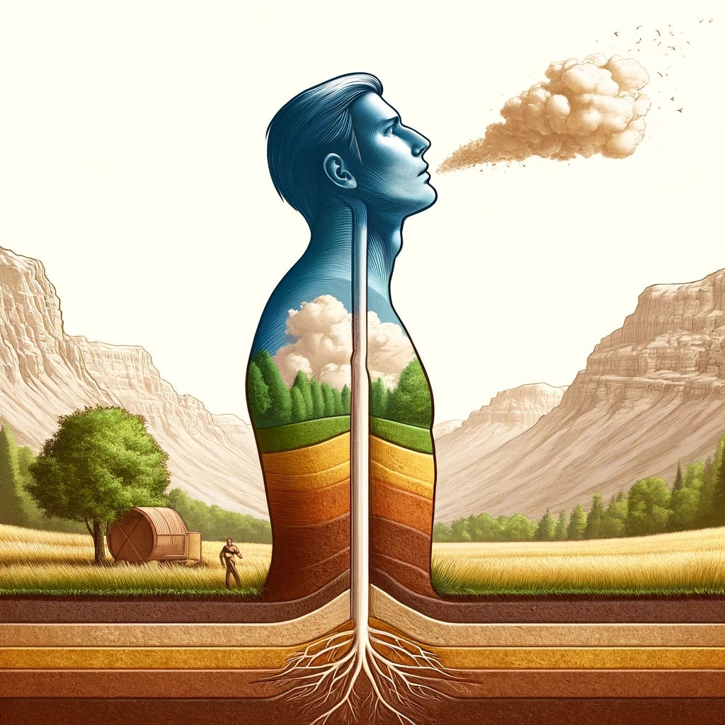 Create an image depicting a man standing on land, with a cutaway view of the earth beneath his feet. The illustration should clearly delineate the top 6 inches of soil, followed by deeper layers of land directly under the soil. The man is also shown breathing in air, with visual cues like a slight breeze or visible breath to emphasize his connection to the air. This image is designed to symbolically represent the man as part of the soil, land, and air jurisdictions, visually connecting him to these natural elements. The setting is outdoors, naturalistic, and scientifically illustrative to highlight the relationship between man and the environment.