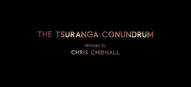 This image shows the title card of "The Tsuranga Condundrum," Doctor Who Series 11's fifth episode. Chris Chibnall's writing credit appears below this installment's title. All words appear in golden letters.