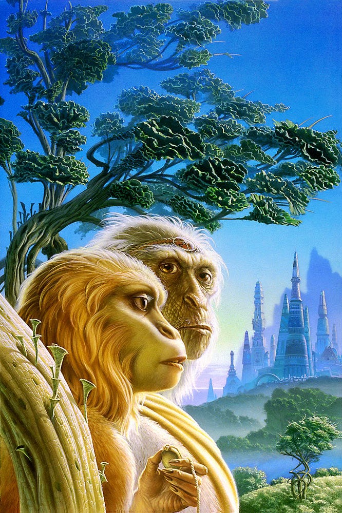 Two ape-like humanoids stand in profile with a futuristic city of conical towers rising on the hill in the background. The older male turns his long wrinkled face thoughtfully toward the viewer. Cream colored cloth drapes across the white fur of his chest. A braided band rests above his brow set with a round brooch divided into quadrants. A question mark squiggle radiates from the center of each. The amber surface shines glossy in the light. The younger female stares off-panel right while delicately grasping a pendant on a chain in her thin fingers. Branches of a tree shoot overhead, limbs ending with ruffled vegetation.