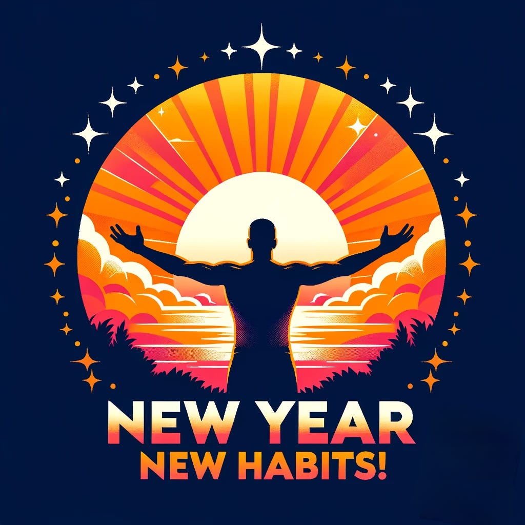 A depiction of a male figure with arms outstretched in front of a dramatic illustration of a sunrise with the text "New Year, New Habits!"