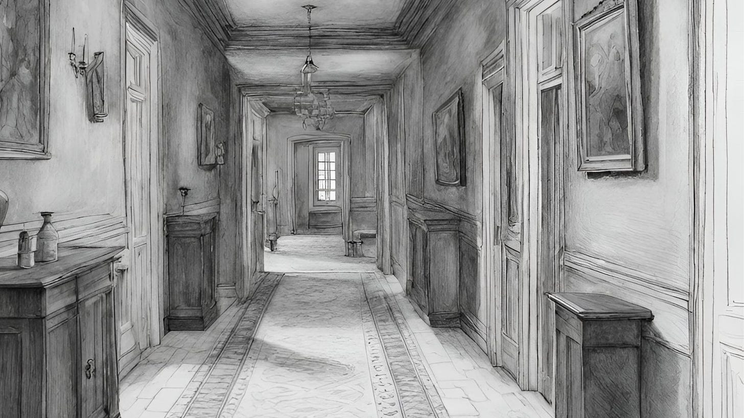 muted pencil drawing of a long manor house corridor