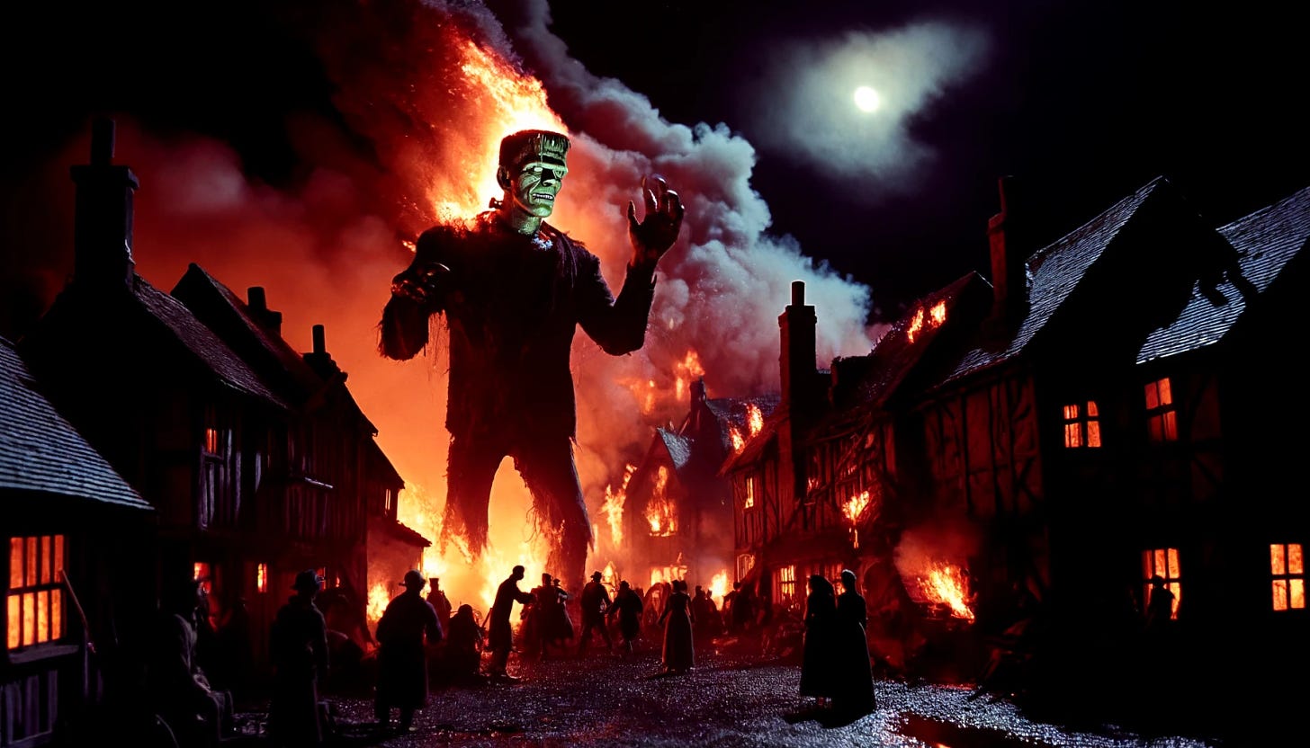 A night scene at the village edge, depicted in dark maroon and grey tones, showcasing a dramatic and terrifying moment. The Creature, reminiscent of classic Frankenstein with a bolt in his neck and greenish skin, is now engulfed in flames, wreaking havoc as it moves through the village. Its huge form is a blazing terror against the night sky. Houses catch fire in the background as villagers flee in terror, their screams merging with the Monster's agonized roars. The fire spreads rapidly through the village streets, and the Creature, a towering inferno, stands roaring in the center of the village, expressing its pain and rage. The scene captures the chaos and horror of the situation with intense lighting and dynamic movement.