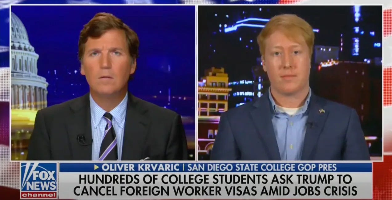 Screenshot of Oliver Krvaric being interviewed by Tucker Carlson on Fox