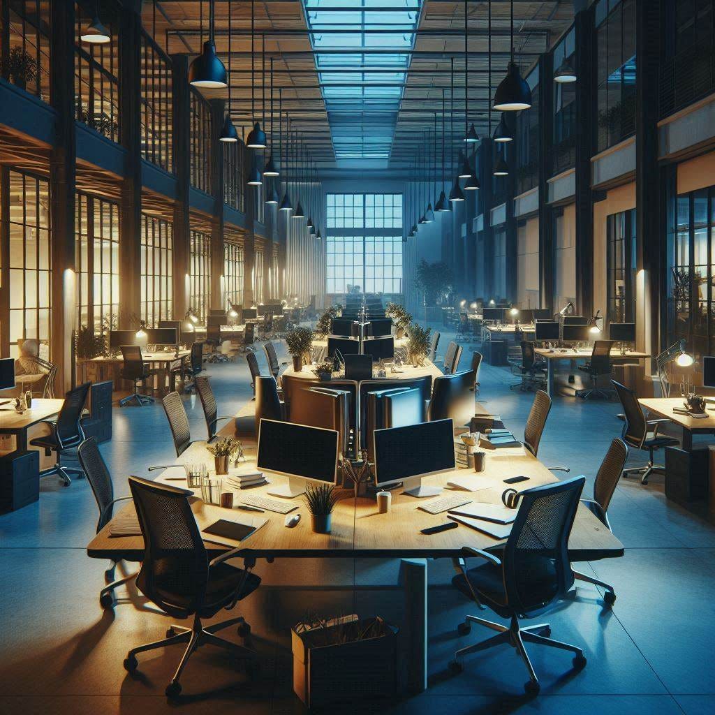 an empty office in the evening with additional desks and laptops instead of computers