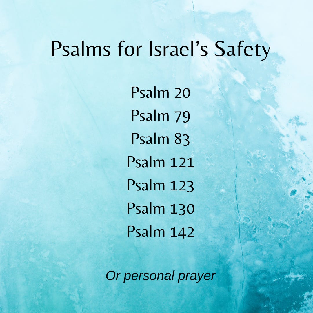 poster listing Psalms 20, 70,83, 121, 123, 130, and 142 to say for safety of Israel