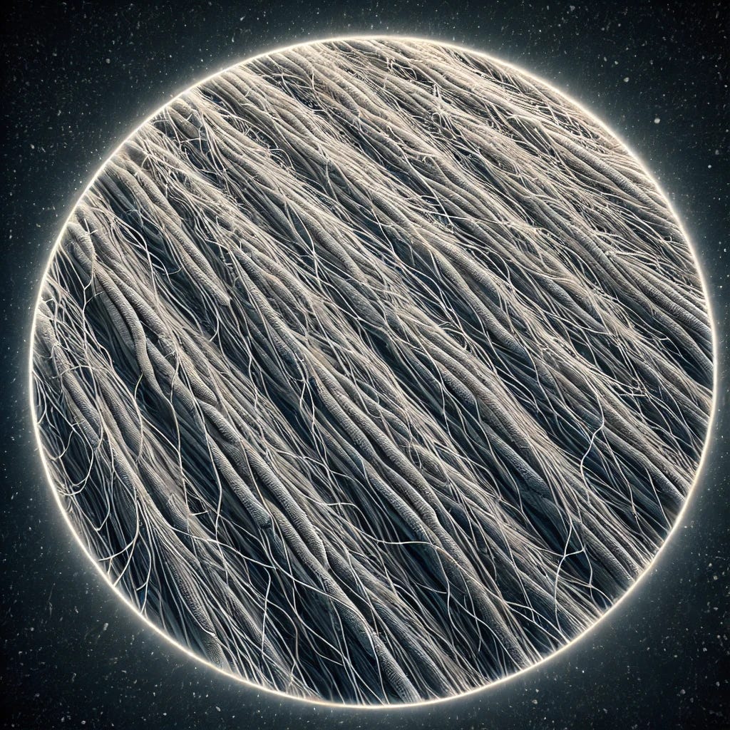 Microscopic image of bacterial filaments under a darkfield microscope at high magnification. The image shows long, thin, thread-like structures that are slightly segmented or smooth, arranged irregularly. The background is dark with some reflections highlighting the fine details of the bacterial filaments. The filaments may appear isolated or clumped together, forming a mesh-like pattern, typical of filamentous bacteria under a microscope.