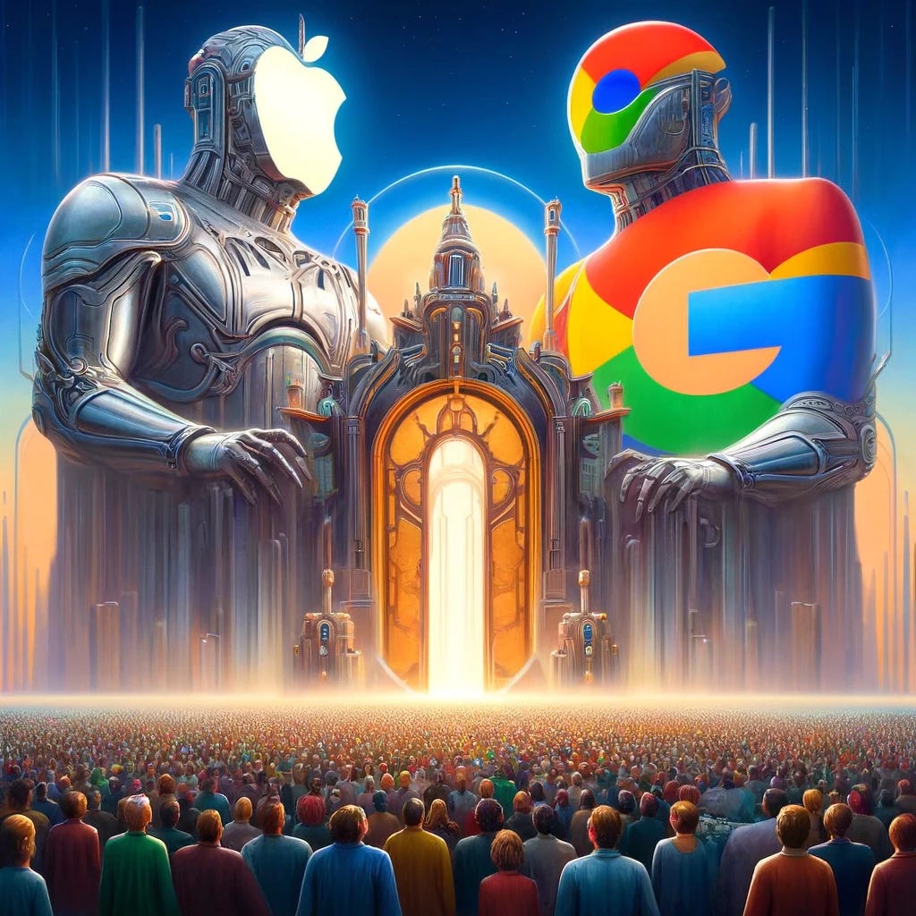 An allegorical illustration depicting Apple and Google as colossal gatekeepers of a vast digital realm. In the center, a large, ornate gate stands, representing the app stores. On either side of the gate, towering figures symbolize Apple and Google. Apple is depicted as a metallic figure with smooth, sleek surfaces and an apple emblem, while Google is vibrant, colorful, and has elements resembling its logo. They loom over a crowd of small, diverse app developers looking up, emphasizing the power imbalance. The setting is futuristic, with digital motifs and a sense of vast control.