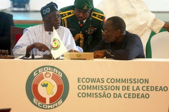 Nigerian President Ahmed Bola Tinubu speaks with ECOWAS Commission President Omar Touray.